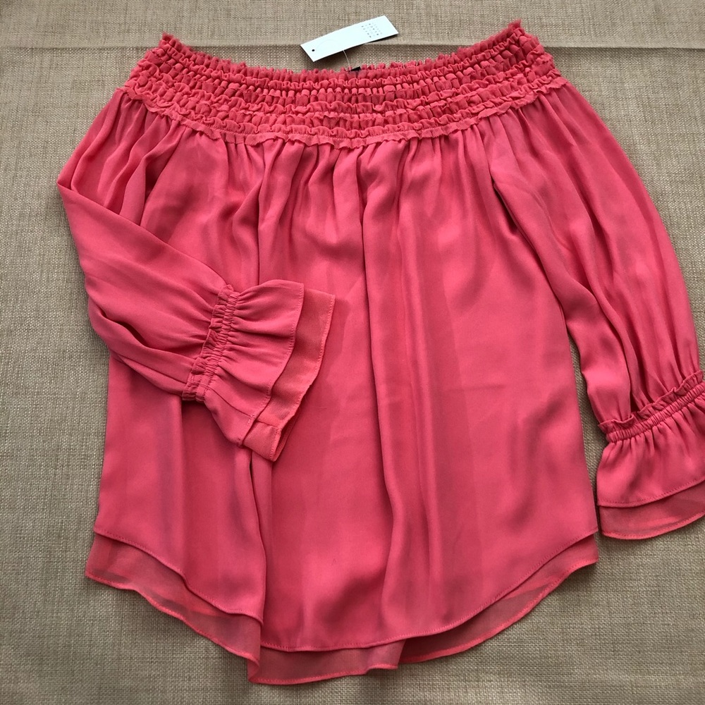 WHBM Coral Off The Shoulder Smocked Top